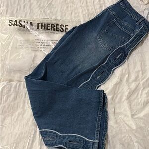 Blue Flare Wide Leg Jeans with Contrast Stitching